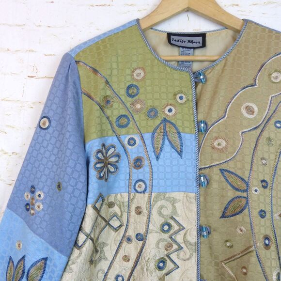 Indigo Moon Jacket Women L Blue Green Patchwork Embroidered Lined VTG Boho Artsy - Picture 4 of 14